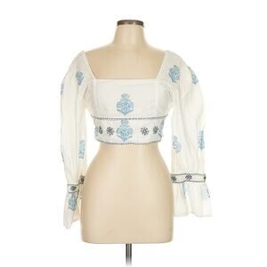 NWOT Madison Mathews White Blue Embroidered 3/4 Sleeve Crop Top Boho Large